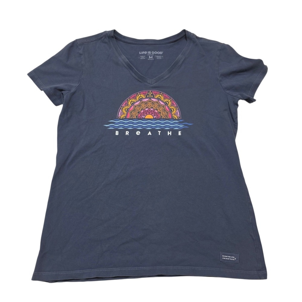 Life Is Good Crusher Tee Womens Medium Blue Breathe Mandala V-Neck Short Sleeve